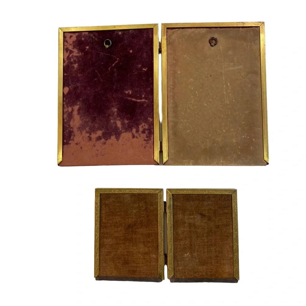 Lot (2) Vintage Photo Frame Bi-Fold Gold Brass 3x4 & 5x7 Hinged Cottagecore